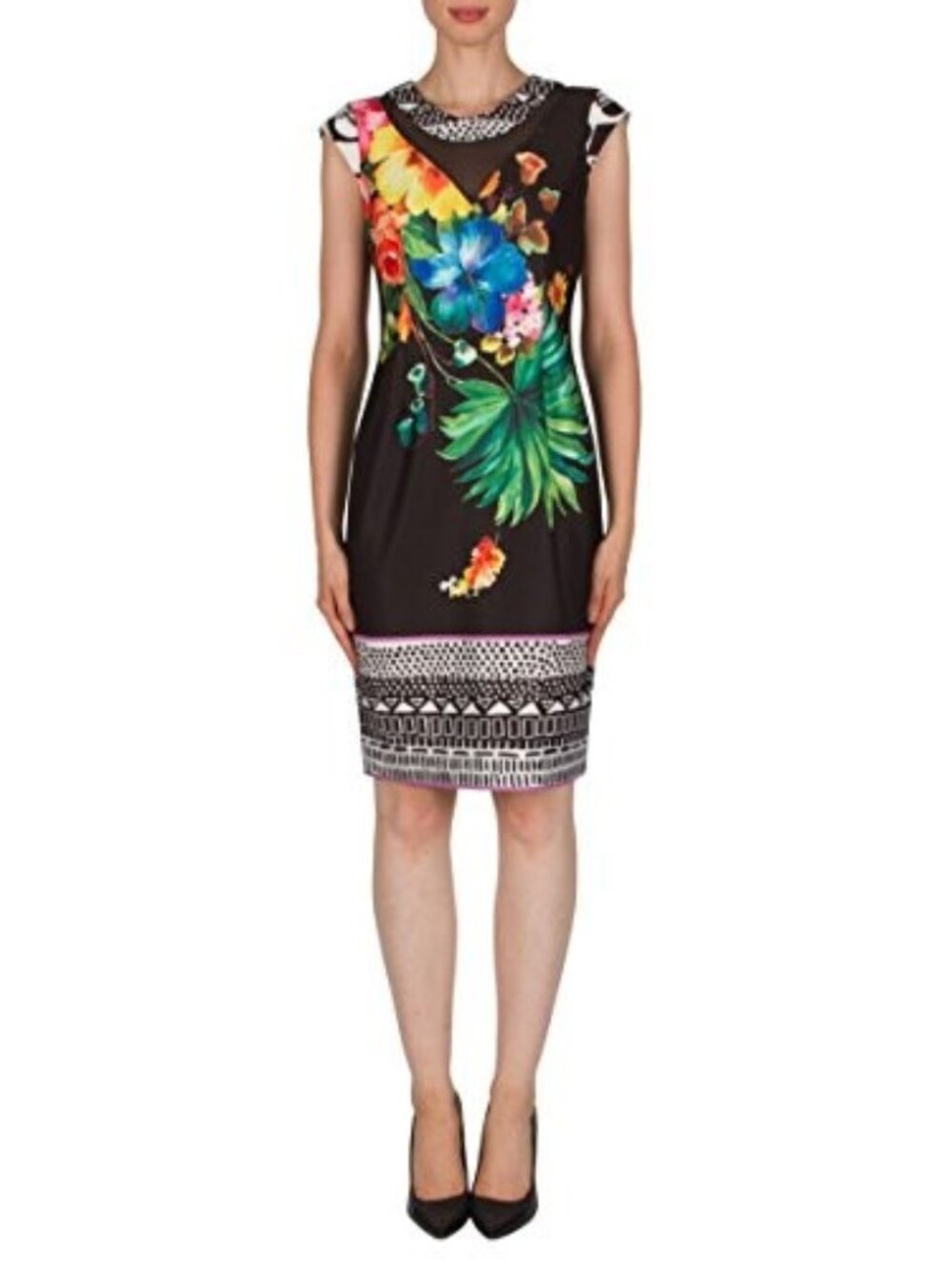 Joseph Ribkoff Tropical Floral Print Cap Sleeve Dress Size 12 Fitted